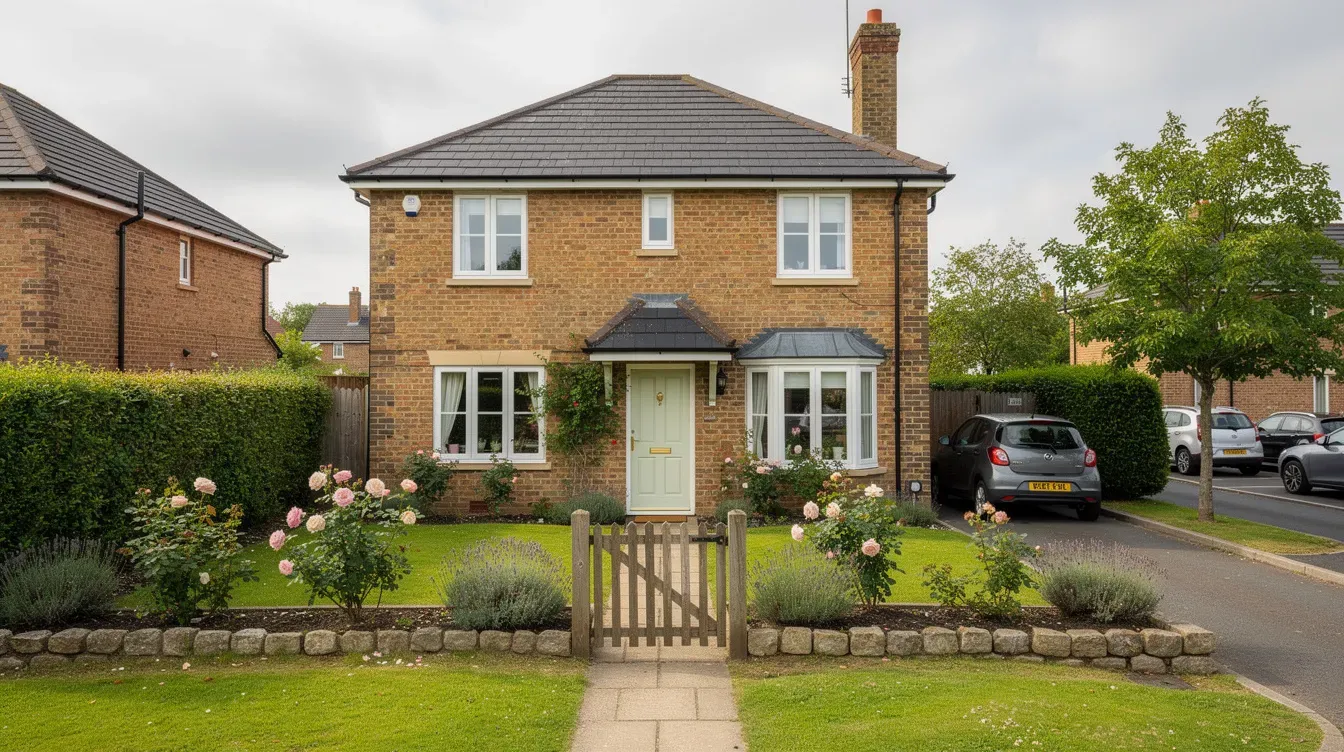 The image depicts a charming family home surrounded by a well-maintained garden in a peaceful suburban neighbourhood in England. The scene captures the essence of UK residential life, with lush greenery and a welcoming atmosphere.