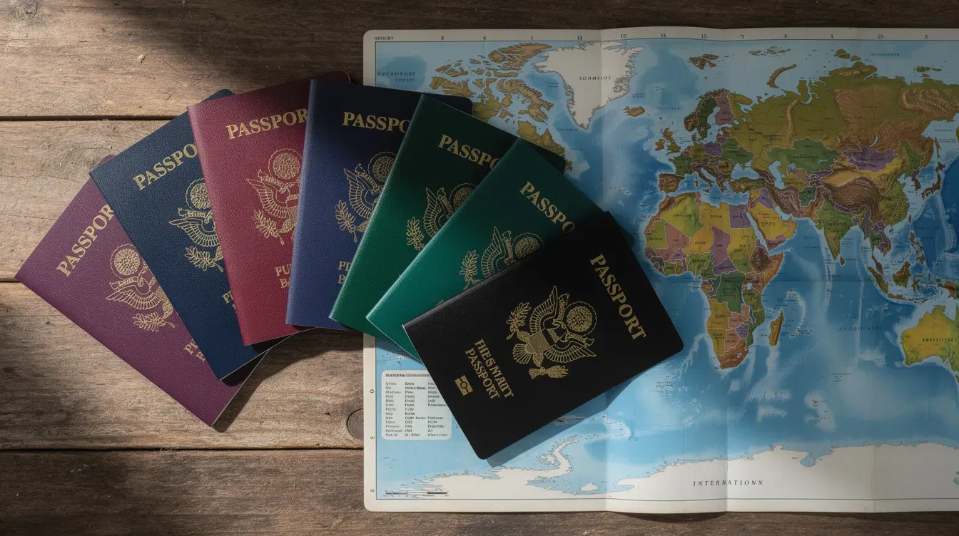 The image shows a collection of international passports arranged in a fan shape on a wooden table, accompanied by a detailed world map. This setup suggests themes of travel and global connections, potentially linking to discussions about taxation on foreign income or the complexities of the UK tax system for international residents.