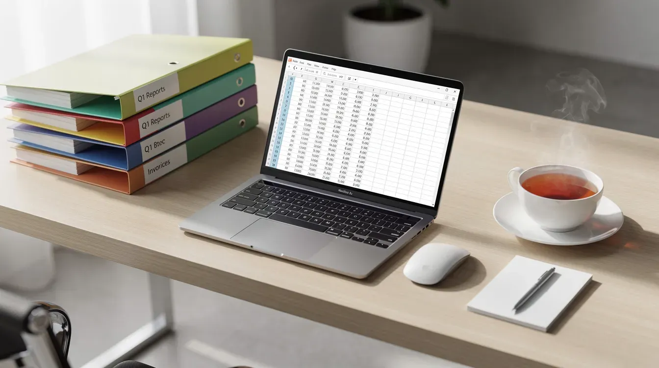 The image shows a tidy desk featuring organized folders, a laptop displaying a spreadsheet, and a cup of tea. This setup suggests a productive workspace, possibly for managing financial tasks related to UK tax, such as income tax or capital gains tax.
