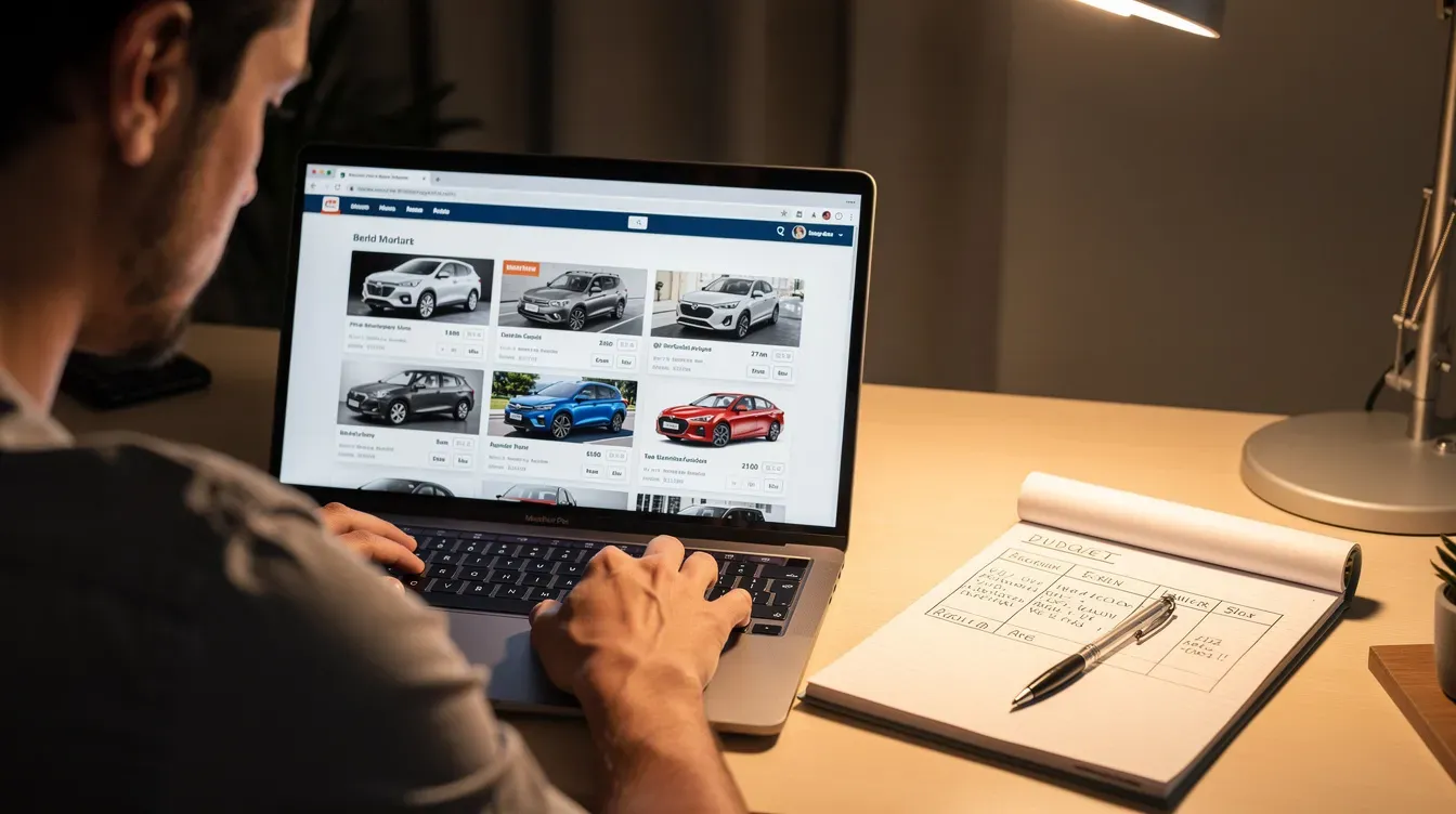 A person is seated at a laptop, intently researching a car purchase while taking notes on a notepad nearby. The scene suggests they are checking the vehicle's MOT history and preparing for a full vehicle history check to ensure the car has a valid MOT certificate and no dangerous defects.