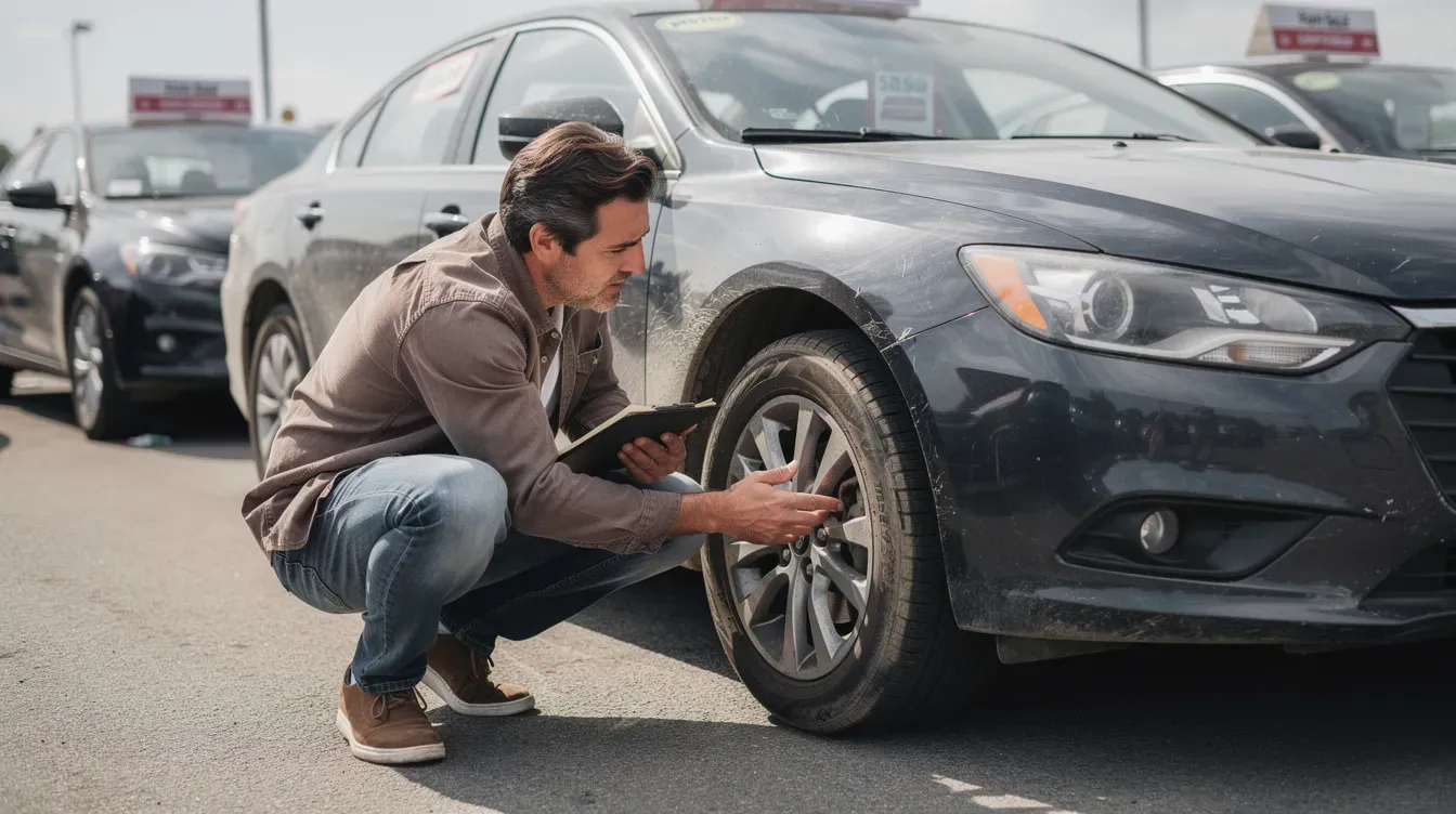 A buyer is crouching next to a used car in a dealership lot, carefully inspecting the tyres and bodywork for any signs of damage or wear. This thorough examination is an essential step before checking the vehicle's MOT history and ensuring it has a valid MOT certificate.