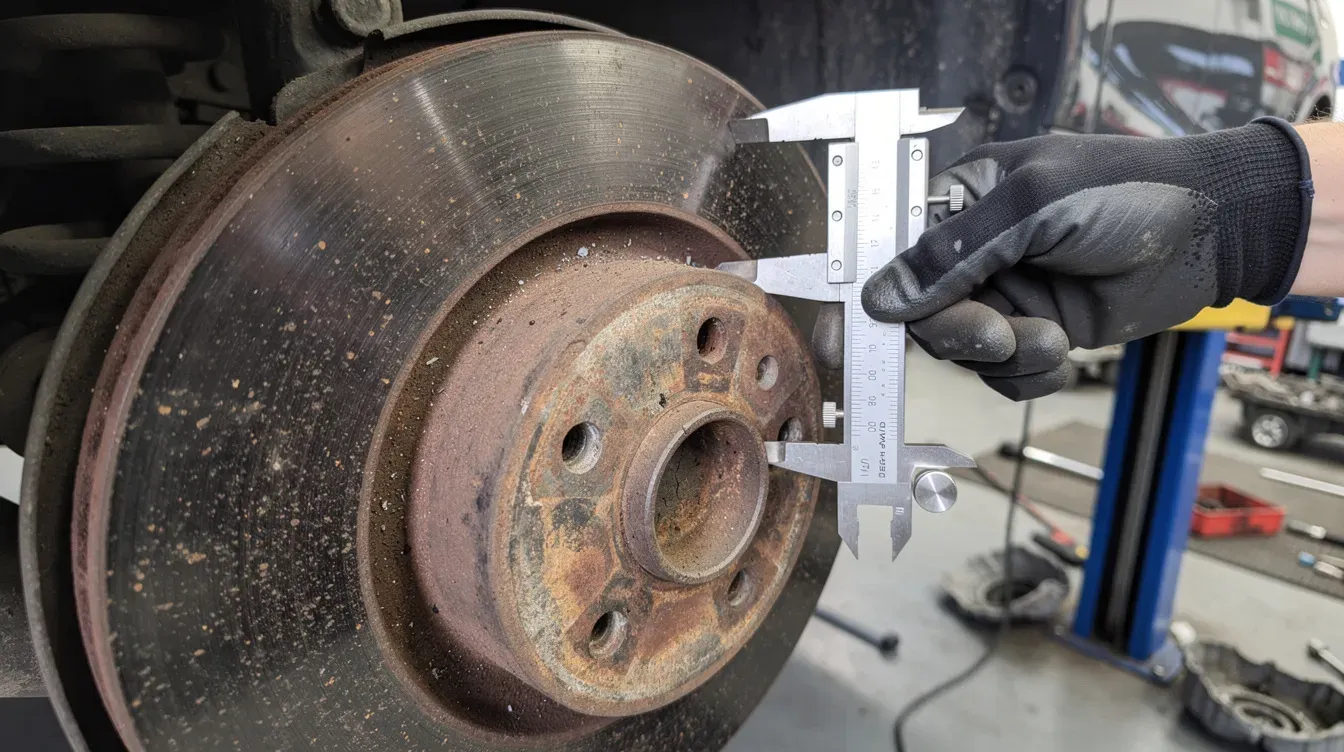 A mechanic closely inspects a worn car brake disc, highlighting the importance of regular maintenance and the potential need for repairs. This inspection is part of ensuring the vehicle meets the legal minimum standards required for a valid MOT certificate and to avoid any dangerous defects that could lead to an MOT failure.