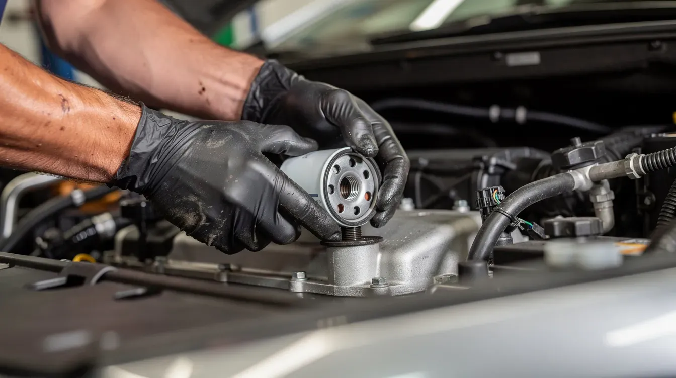 A close-up view shows a mechanic's hands skillfully replacing an oil filter under the bonnet of a family car, highlighting the importance of regular car service for maintaining engine efficiency. The image emphasizes the meticulous care involved in vehicle maintenance, ensuring quality and safety for drivers.