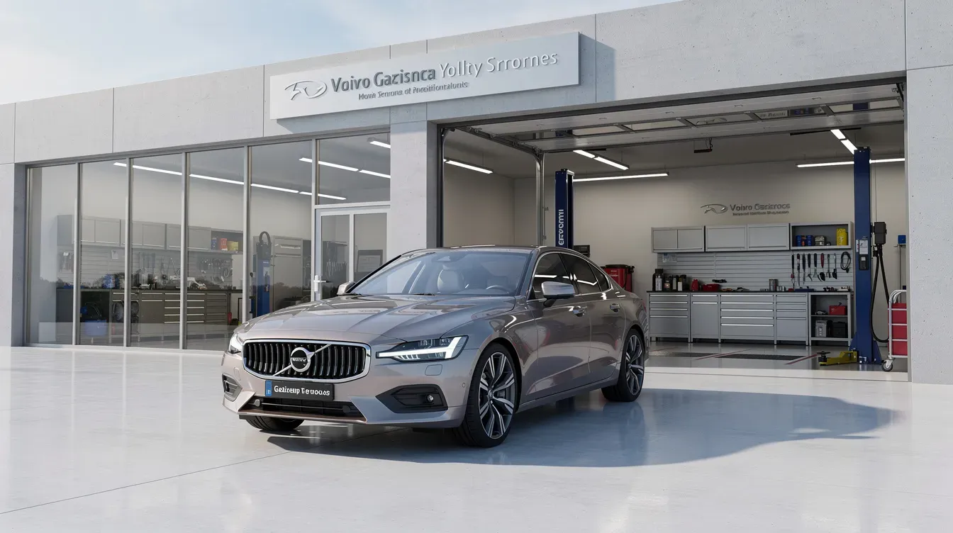 A car is parked outside a clean, modern garage workshop, showcasing a service bay in the background where various car services, including MOT checks and full car service, can be performed. The well-maintained exterior suggests a professional environment that ensures quality guarantee for vehicle maintenance.