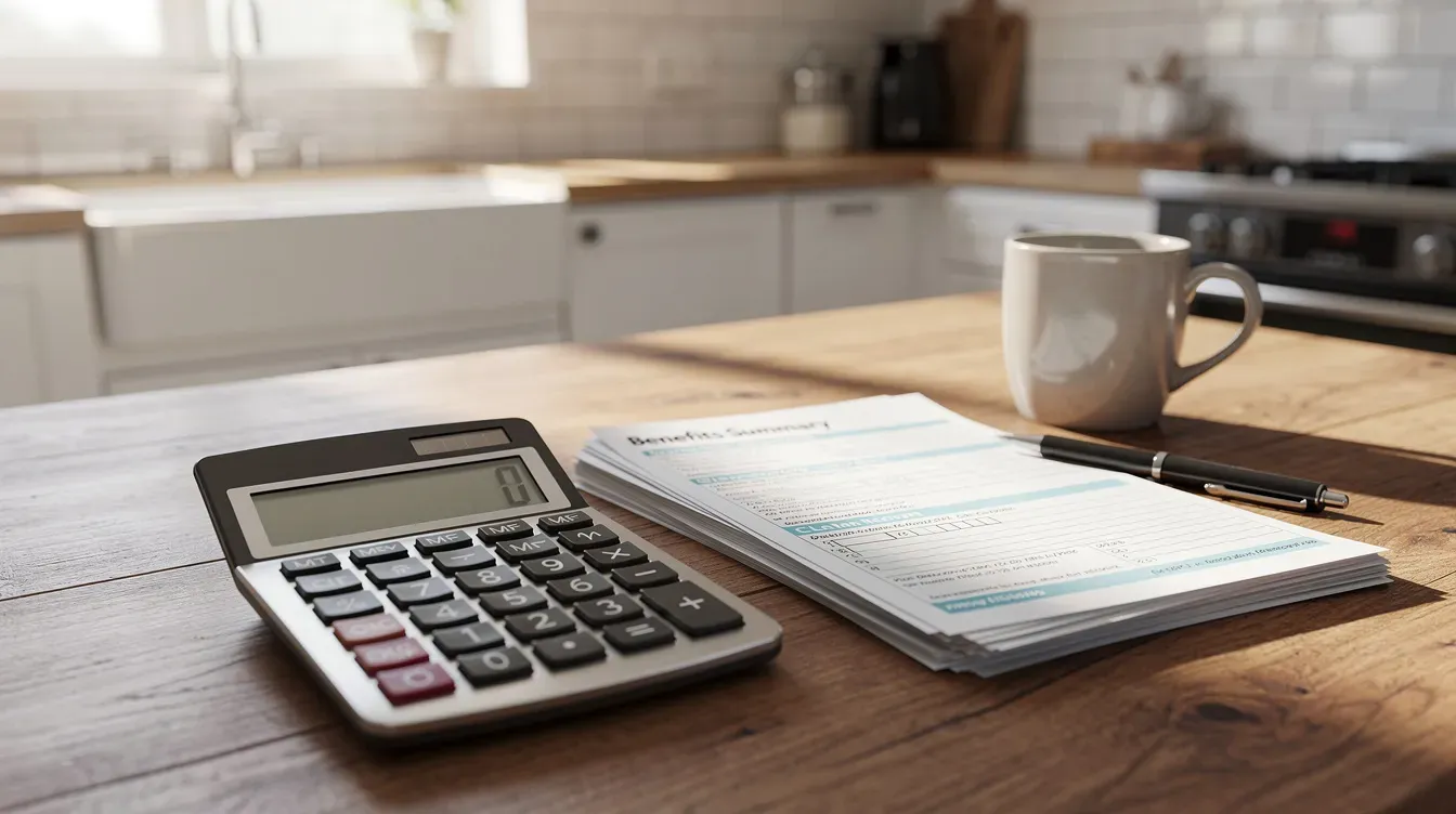 The image shows a calculator alongside benefit paperwork on a kitchen table, indicating a focus on financial calculations related to universal credit claims and other disability benefits. The paperwork may include information about the carer's element of universal credit, attendance allowance, and various support allowances.