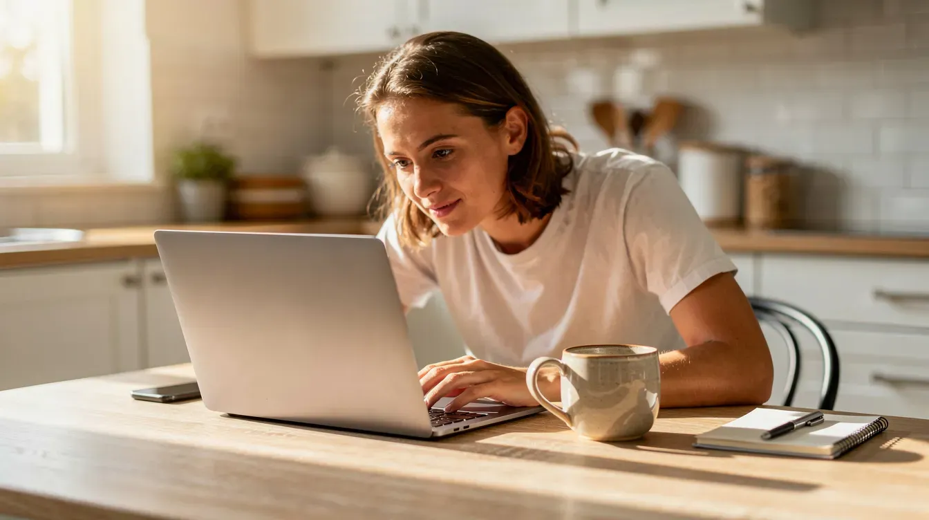 The image shows a person sitting at a kitchen table, focused on using a laptop computer. They appear to be engaged in activities related to managing their universal credit claim or exploring disability benefits, highlighting the importance of online resources for financial support.