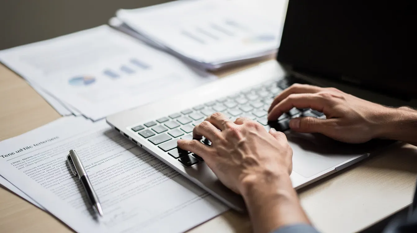 A close-up view of hands typing on a laptop keyboard, surrounded by documents containing important company details such as director's information, service address, and annual filings. The scene emphasizes the importance of updating and submitting accurate data for limited companies and their directors.