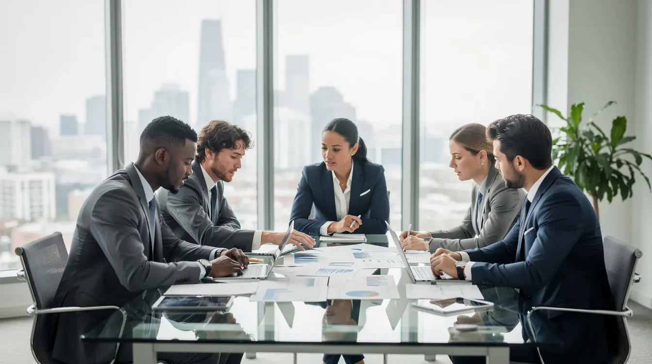 A small group of business professionals is engaged in a discussion about important documents in a modern office setting. They are reviewing details related to company registers, including director's details, service address, and changes to personal information necessary for annual filings.