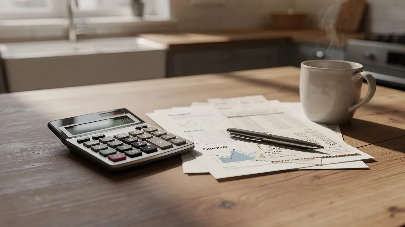 The image shows a calculator alongside various financial documents spread out on a kitchen table, suggesting a setting where someone might be organizing their finances or preparing to claim universal credit. The presence of these items indicates a focus on managing personal finances, possibly including aspects like housing costs and monthly payments.