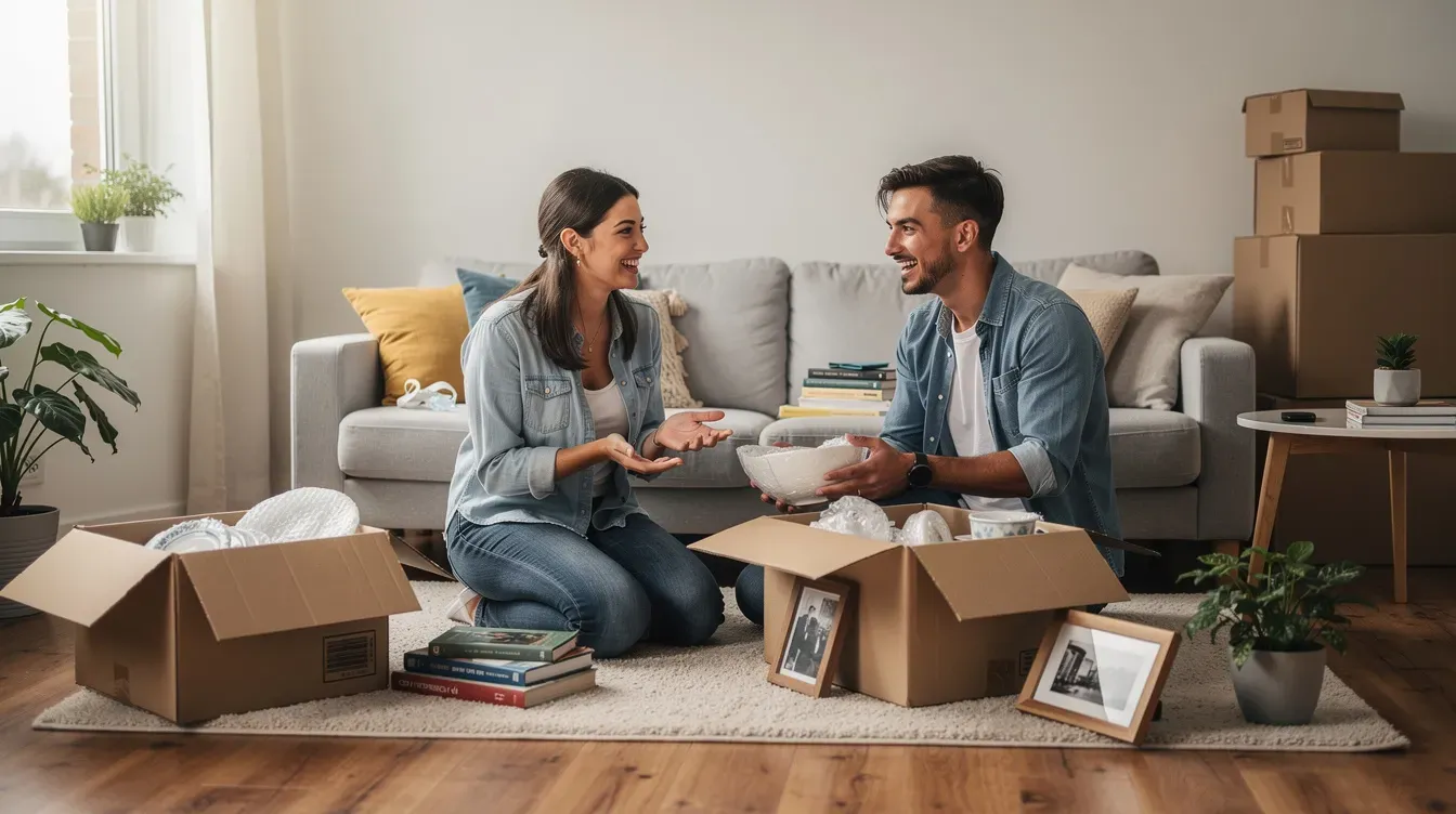 A couple is seen unpacking boxes together in their living room, surrounded by various household items and furniture. The scene conveys a sense of teamwork and excitement as they settle into their new home, which may be relevant for those considering a universal credit claim due to changes in living circumstances.