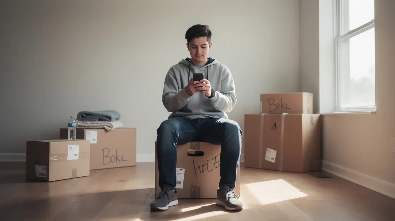 A person is sitting on a stack of moving boxes in an empty room, intently checking their phone. This scene may suggest they are in the process of relocating and could be managing their universal credit account or reporting a change of circumstances.