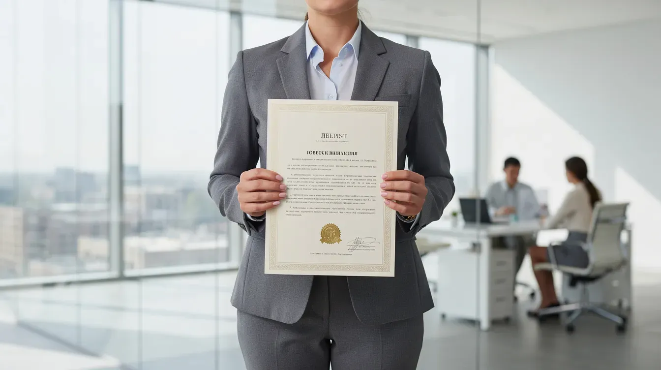 An individual stands in a bright, modern office, holding an official document adorned with a gold seal, likely related to company secretarial procedures or a special resolution. The environment reflects professionalism, suitable for matters concerning companies house and regulatory filings.