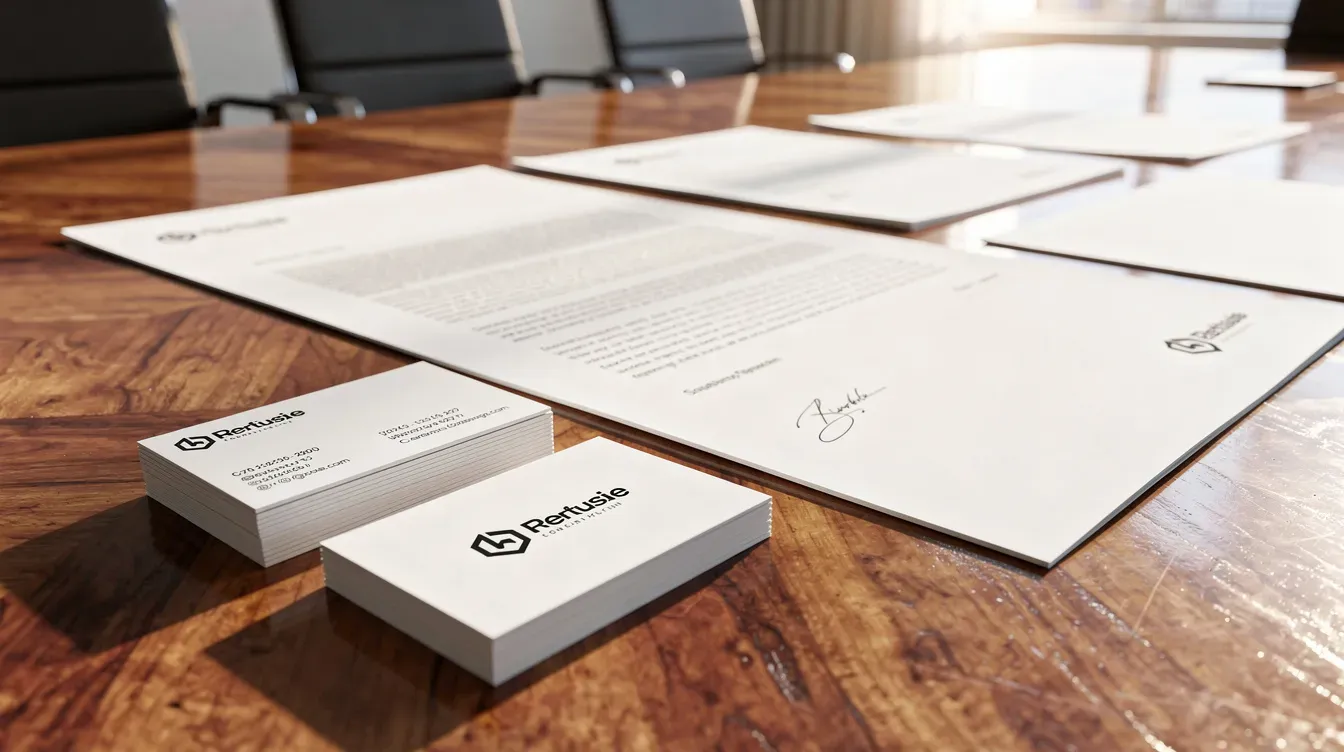 The image shows a collection of freshly printed business cards and letterheads arranged neatly on a wooden conference table, reflecting a professional atmosphere ideal for companies looking to maintain high standards in their branding and communication. The materials prominently feature the company's logo and name, emphasizing the importance of proper documentation in accordance with UK company law and regulatory procedures.