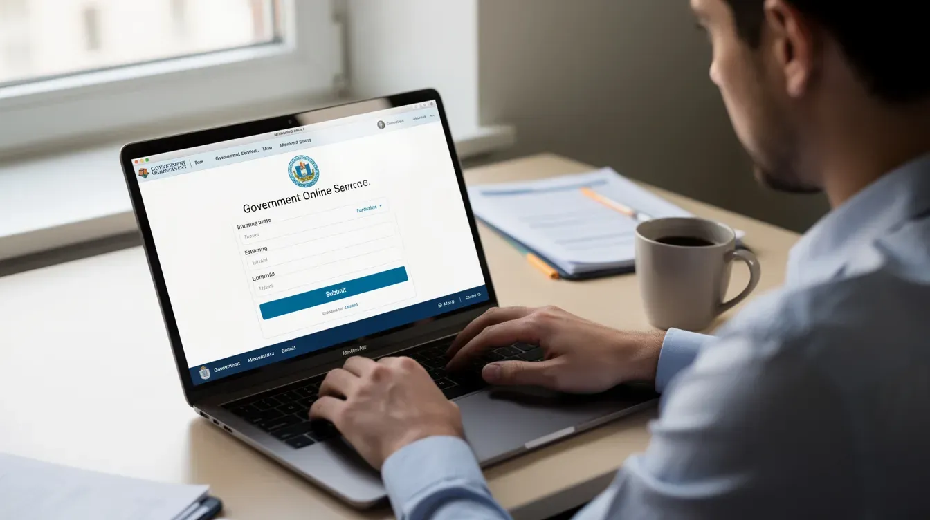 A person is sitting at a desk using a laptop to access an online government service, likely related to managing their UKVI account or updating their address change. The screen displays a page where they can check their identity document details and manage their information in real-time.