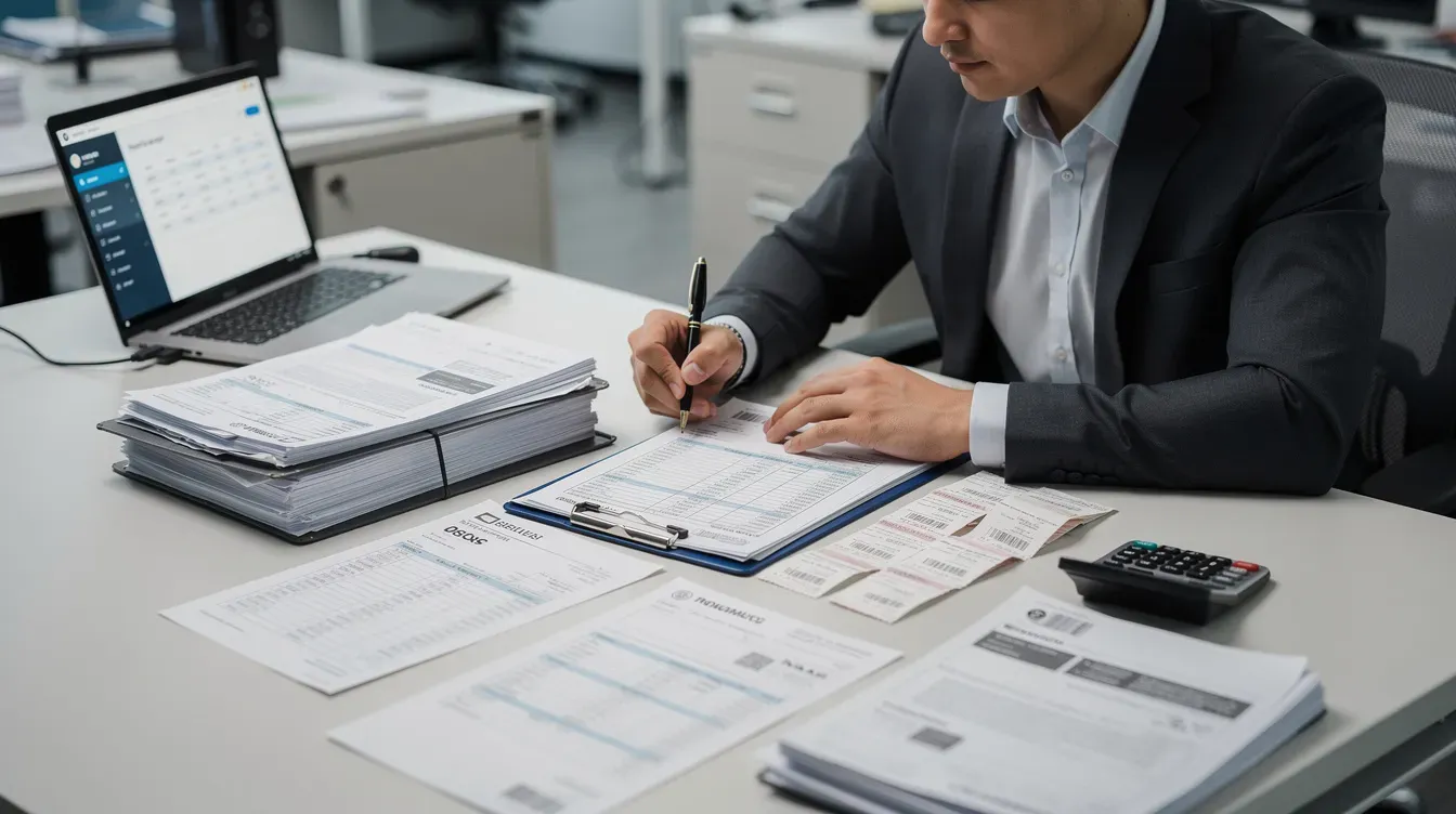 An employee is seated at a desk, diligently handling paperwork and payroll documents, which include identity documents and details related to address changes. The workspace is organized, with various papers and a computer, indicating the management of accounts and services related to HM Revenue and immigration matters.
