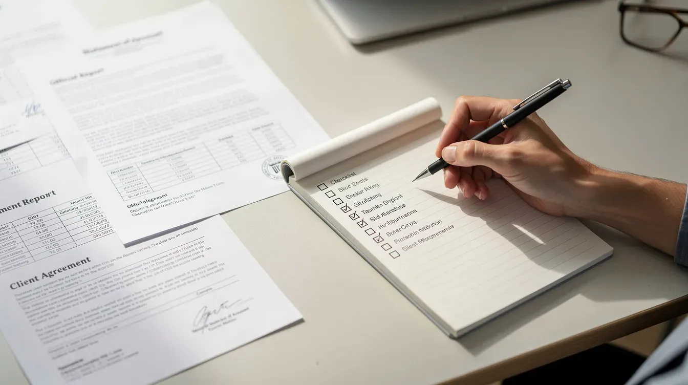 A person is focused on writing a checklist in a notepad, surrounded by official documents, including an identity document and details related to a change of address. The scene suggests they are managing their UKVI account and preparing to update important information related to their immigration status.