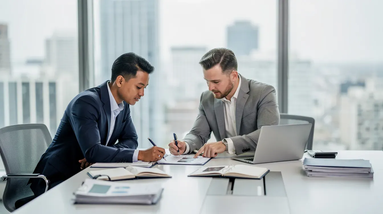 Two business professionals are seated at a conference table, intently reviewing paperwork that includes company information and financial statements. They appear to be discussing important details related to the company's registered office address and filing history, emphasizing the significance of accurate documentation in business operations.