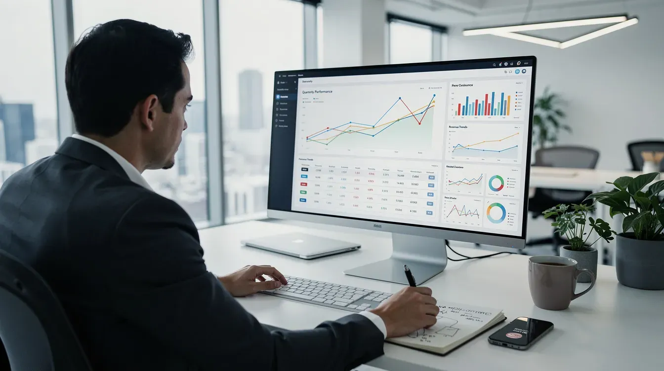 A person is focused on analyzing various charts and data displayed on a computer monitor in a modern office setting, likely gathering financial insights relevant to company information. The environment suggests a professional atmosphere, where important documents and reports related to companies house and registered office addresses are being reviewed for accurate filing history and compliance.