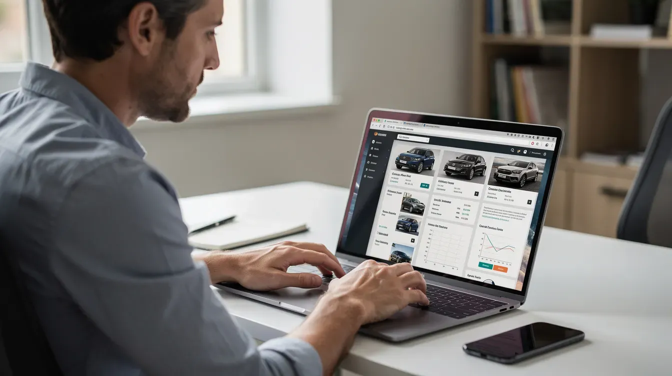 A person is seated at a desk, focused on a laptop computer as they search for vehicle details, including the vehicle's registration number and mot status. The scene suggests they may be checking the car tax and mot expiry date for a used vehicle.