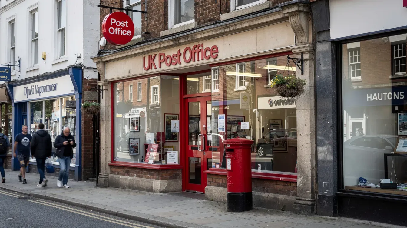 The image depicts the exterior of a traditional UK Post Office branch located on a bustling high street, featuring a classic red façade and large windows displaying postal services. Nearby, vehicles can be seen parked, where one might check the vehicle's registration number or verify the MOT status and tax expiry date.