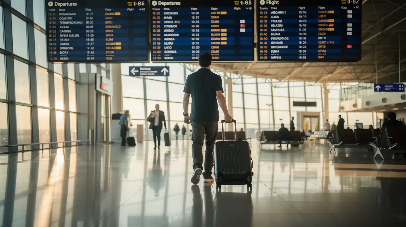 A traveller is pulling a suitcase through a bustling airport departure terminal, with destination boards displaying various locations in the background. This scene highlights the importance of checking passport validity and entry requirements for UK passport holders travelling to different countries.