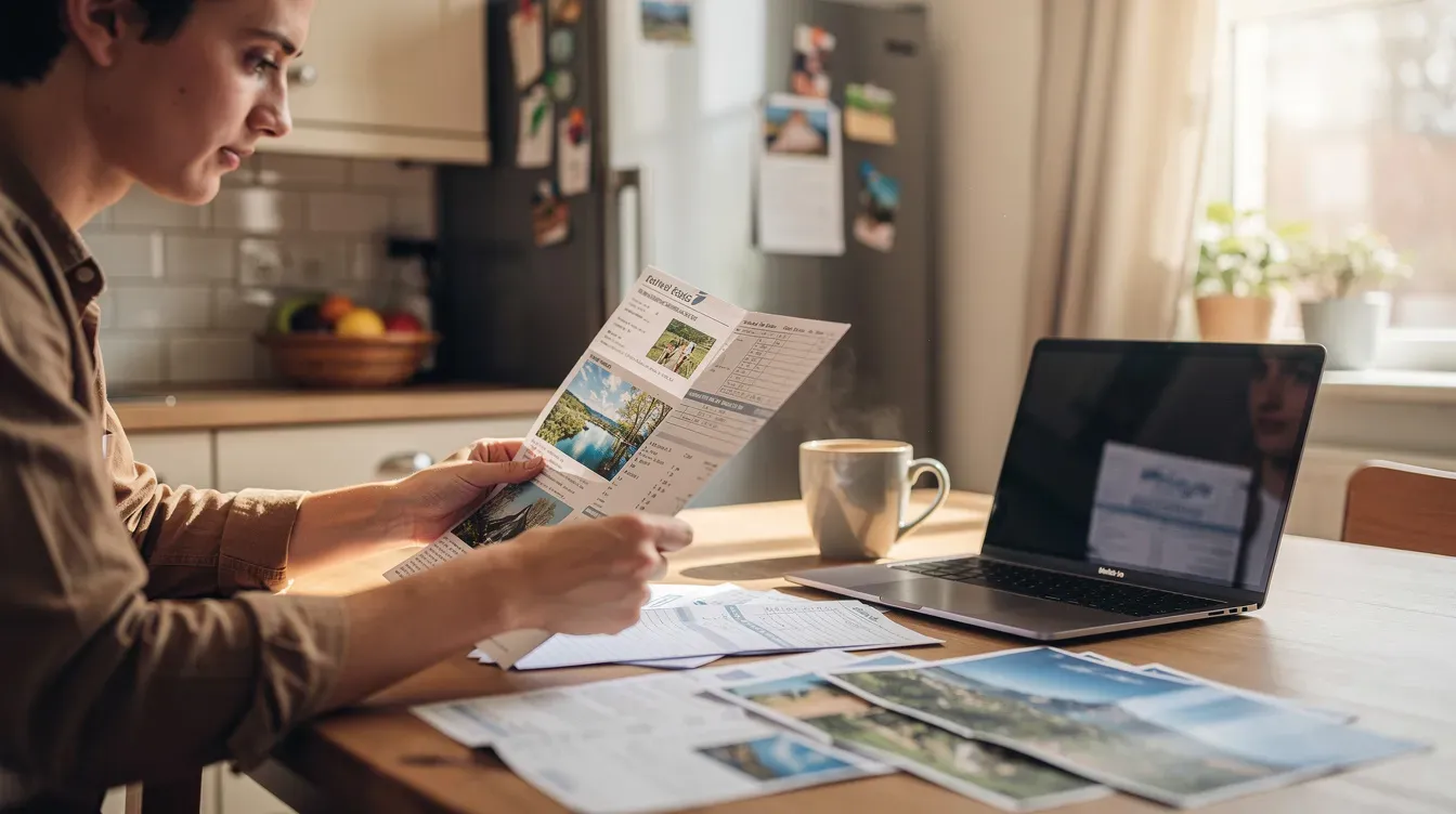 A person sits at a kitchen table, reviewing travel documents on a laptop, with a coffee mug beside them. They appear to be checking passport validity and planning their trip to an EU country, ensuring their current passport meets the entry requirements for their destination.