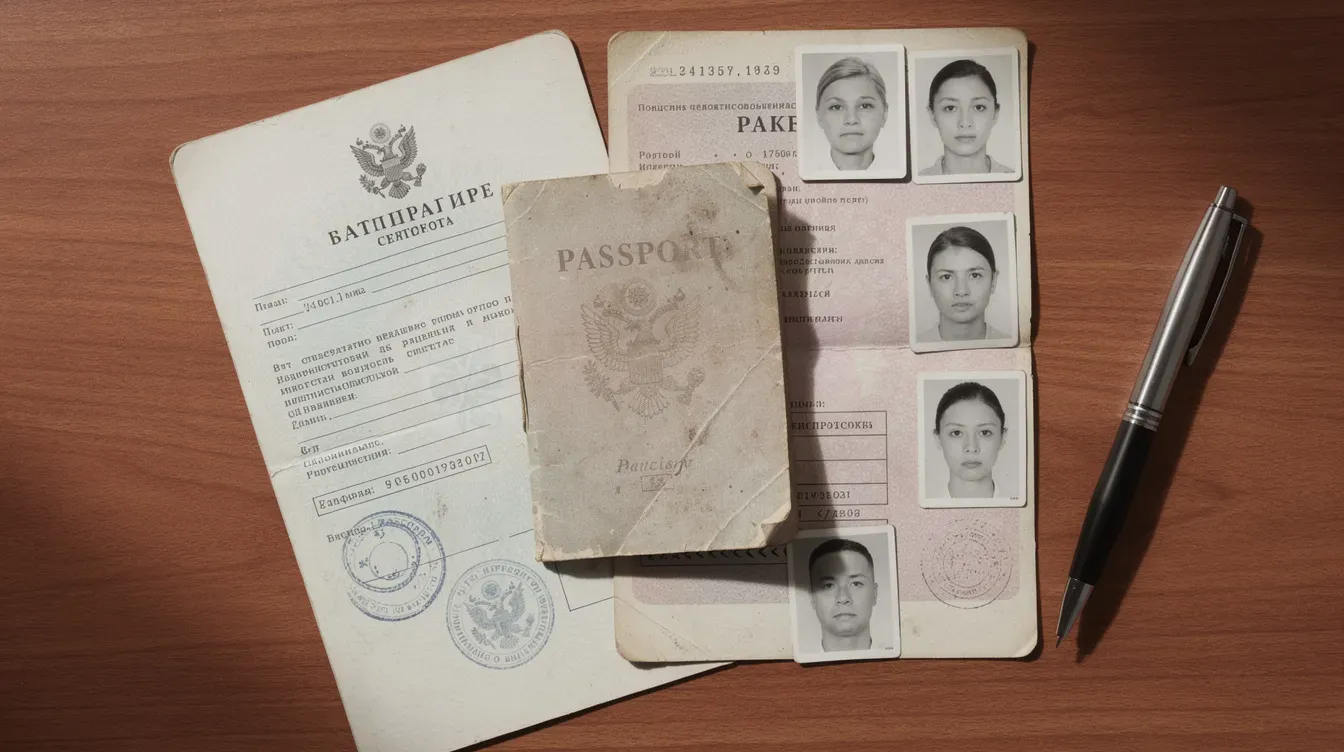 The image shows a flat lay of essential passport documents on a wooden desk, including an old passport, a birth certificate, passport photos, and a pen, which are all vital for the passport application process at the passport office. This arrangement highlights the importance of supporting documents and preparation for services like the digital check and send available at the post office.
