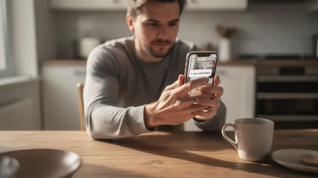 A person is sitting at a kitchen table, focused on their smartphone, which displays a notification related to their passport application. The scene suggests they might be using the digital check and send service offered by the post office to manage their passport documents.