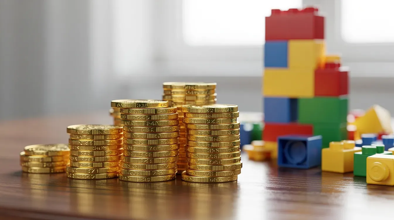 The image depicts a stack of shiny gold coins placed next to a colorful children's toy building block set, symbolizing the financial aspects of childcare costs and the importance of saving for approved childcare services. This visual highlights the need for parents to manage their childcare budget effectively, especially with options like tax-free childcare and government-funded childcare support.