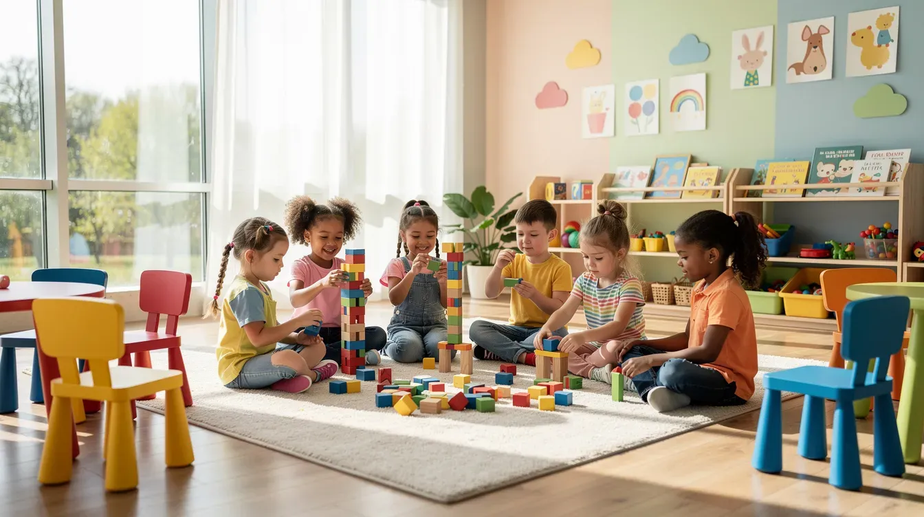 In a bright nursery room filled with colorful furniture, young children are joyfully playing with building blocks, showcasing their creativity and teamwork. This engaging environment supports early years development, making it an ideal setting for childcare providers to foster learning and play.