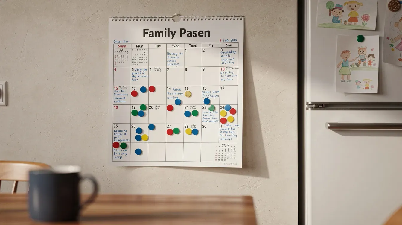 The image shows a family calendar pinned to a kitchen wall, adorned with colorful stickers that highlight important dates for parents, such as school events and childcare provider appointments. This visual representation helps working parents keep track of their childcare costs and important milestones throughout the year.