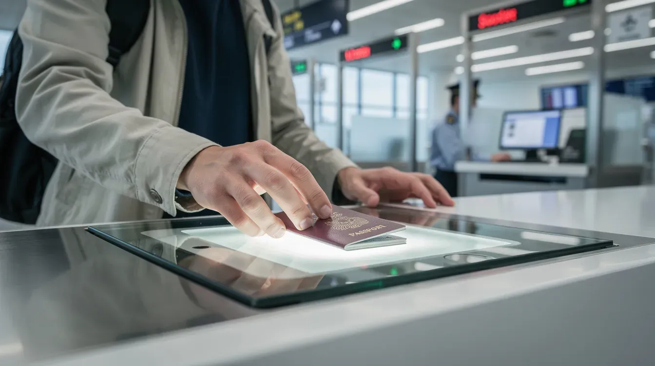 A traveller is placing an open biometric passport on a scanner at an airport border control desk, ready for processing. The passport features an embedded electronic chip that stores biometric data, including a digitised photograph and fingerprint biometrics, essential for international travel.