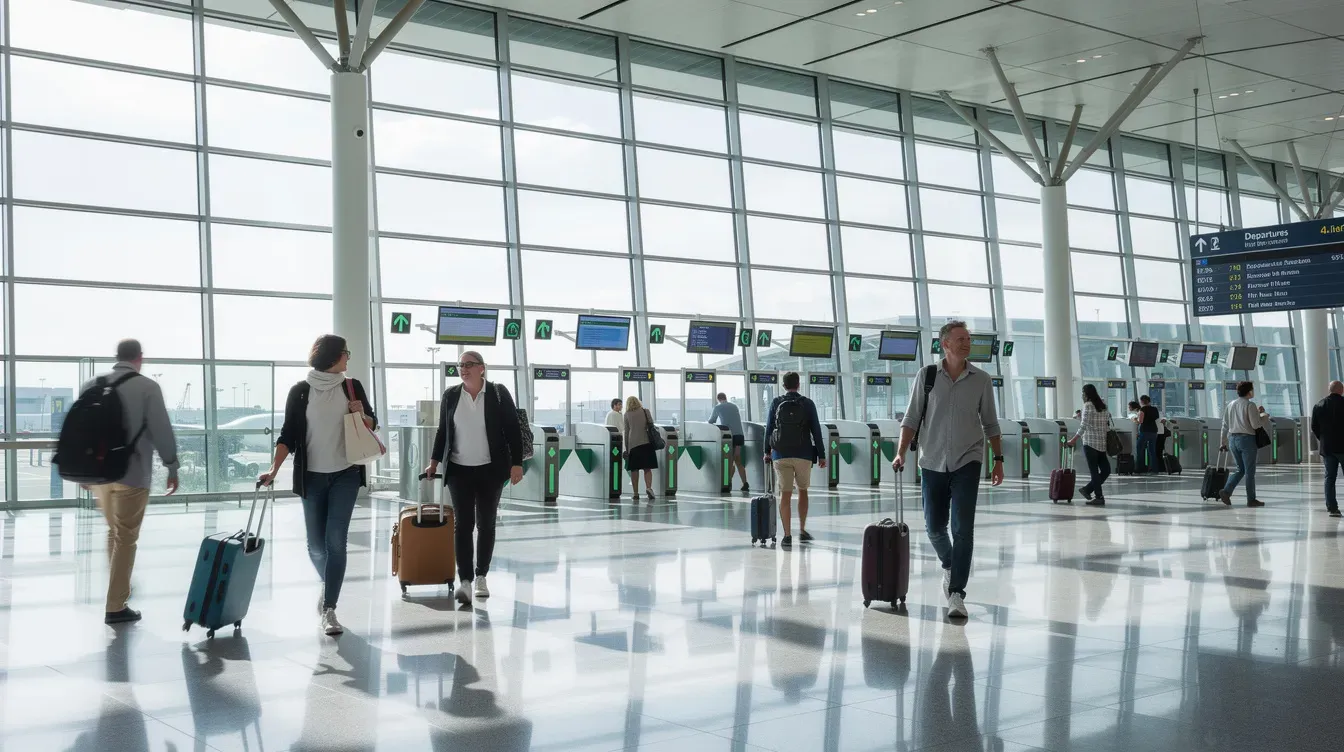 The image depicts travelers walking through a bright, modern airport terminal, with automated passport gates featuring biometric technology, such as facial recognition and fingerprint biometrics, visible in the background. The scene illustrates the advancements in border control, providing a glimpse into the future of international travel with digital passports and enhanced security features.