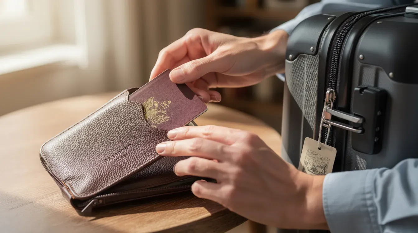 A person is carefully placing a new biometric passport into a protective travel cover next to a packed suitcase, ensuring the security features of the passport are preserved for international travel. The scene emphasizes the importance of safeguarding travel documents to prevent identity theft while preparing for a trip.