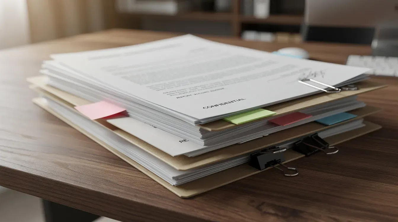 The image depicts a stack of official documents and folders neatly arranged on a wooden desk, suggesting a workspace focused on company-related tasks such as filing final accounts and managing company tax returns. This setup may involve important paperwork related to companies house, limited company registrations, or other business assets.