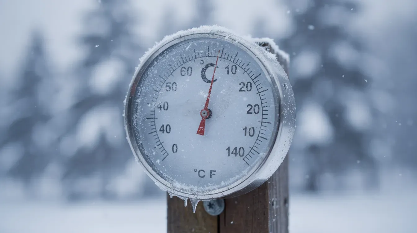 The image shows a close-up of an outdoor thermometer indicating temperatures below zero degrees Celsius on a snowy day, highlighting the very cold weather conditions. This scene emphasizes the importance of cold weather payments for those eligible, as heating costs can rise significantly during such frigid temperatures.
