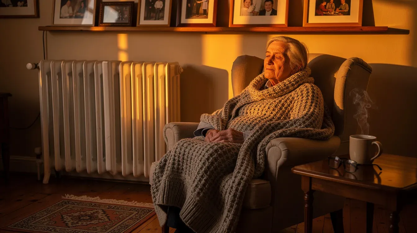 An elderly person is sitting comfortably in a warm living room, wrapped in a cozy blanket beside a radiator, enjoying a peaceful moment during the cold weather. This scene highlights the importance of staying warm and may evoke thoughts of cold weather payments and winter fuel assistance for those in need.