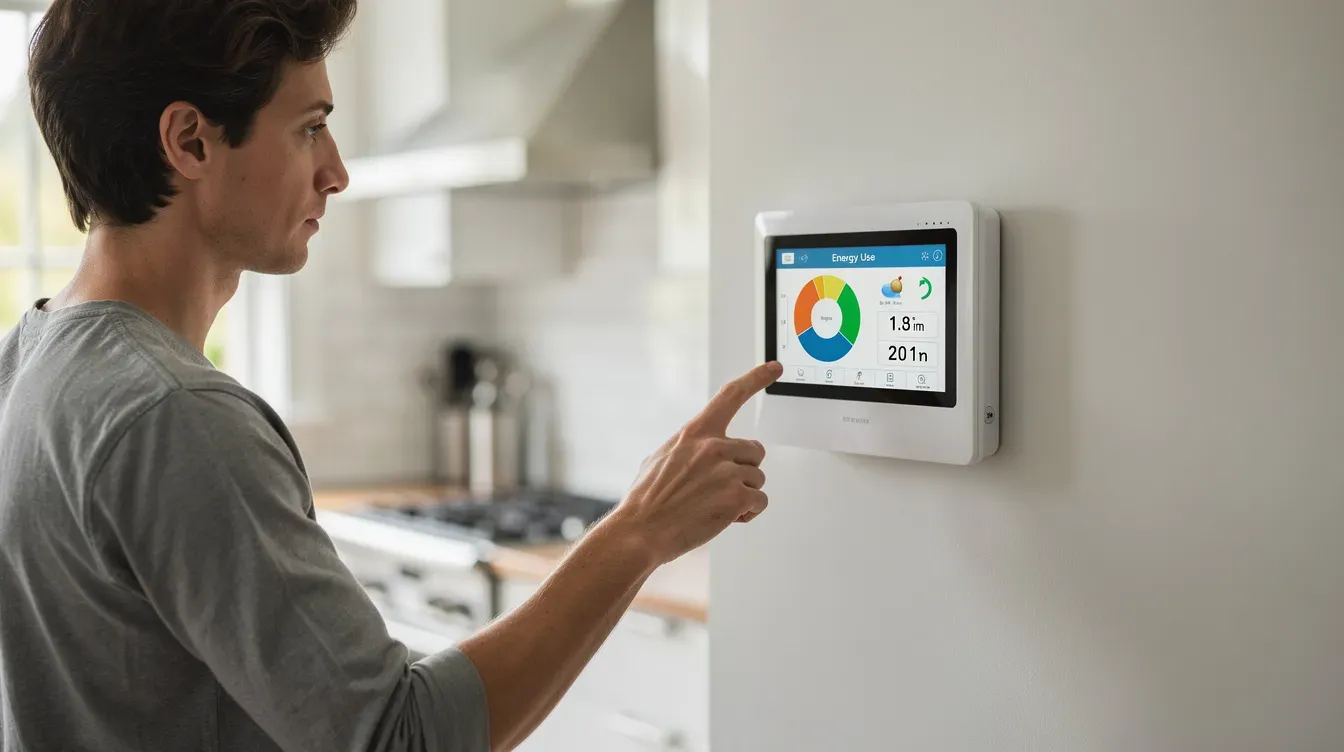 A person is standing in a kitchen, checking a smart energy meter mounted on the wall, which displays energy consumption data. This action can help manage heating costs, especially during very cold weather when energy bills may increase.