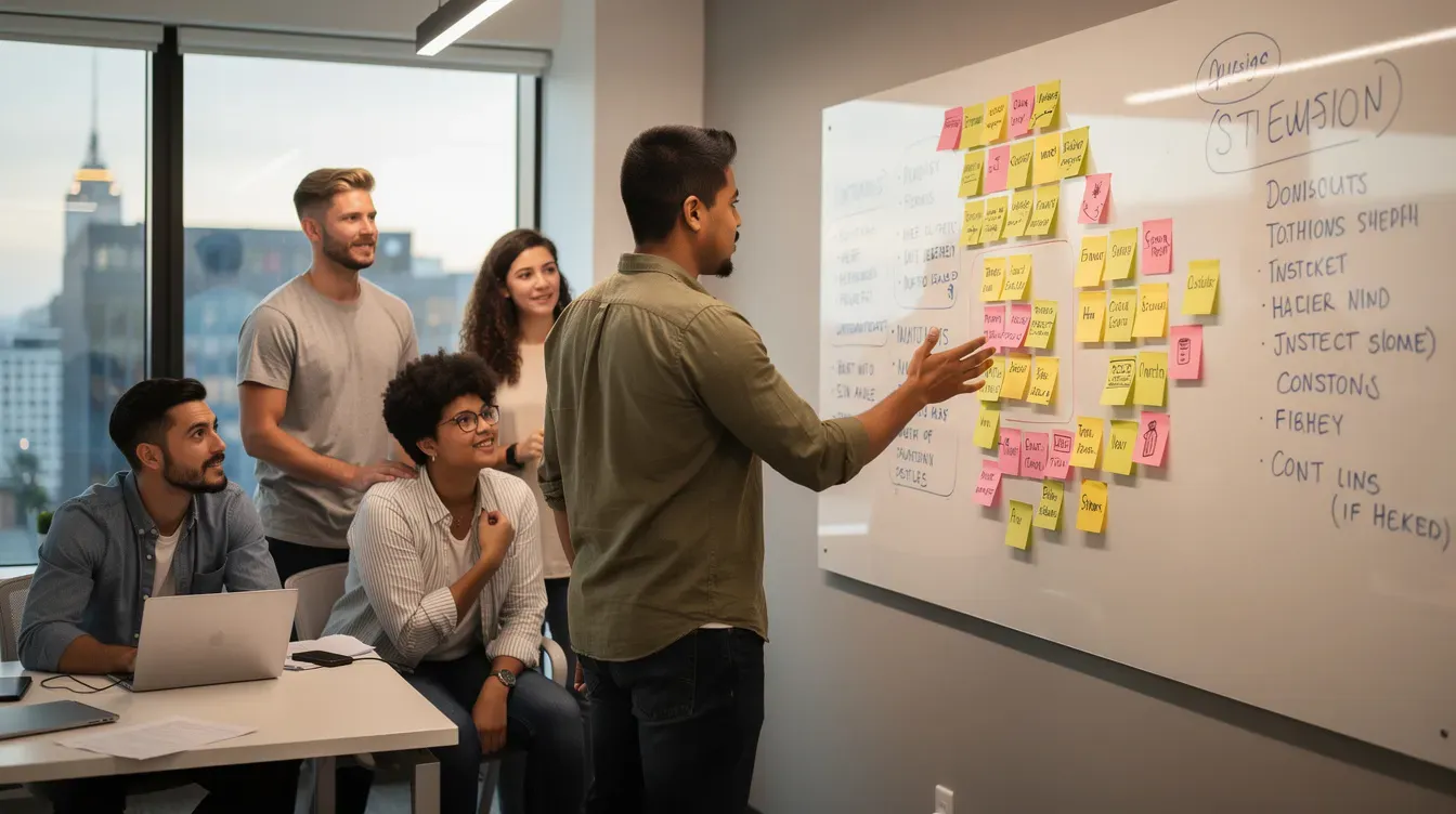 A small group of professionals engages in a discussion around a whiteboard filled with colorful sticky notes in an office setting, highlighting their collaborative approach to developing business plans and community interest objectives. The atmosphere reflects a focus on social enterprise and the unique business structure of a community interest company.