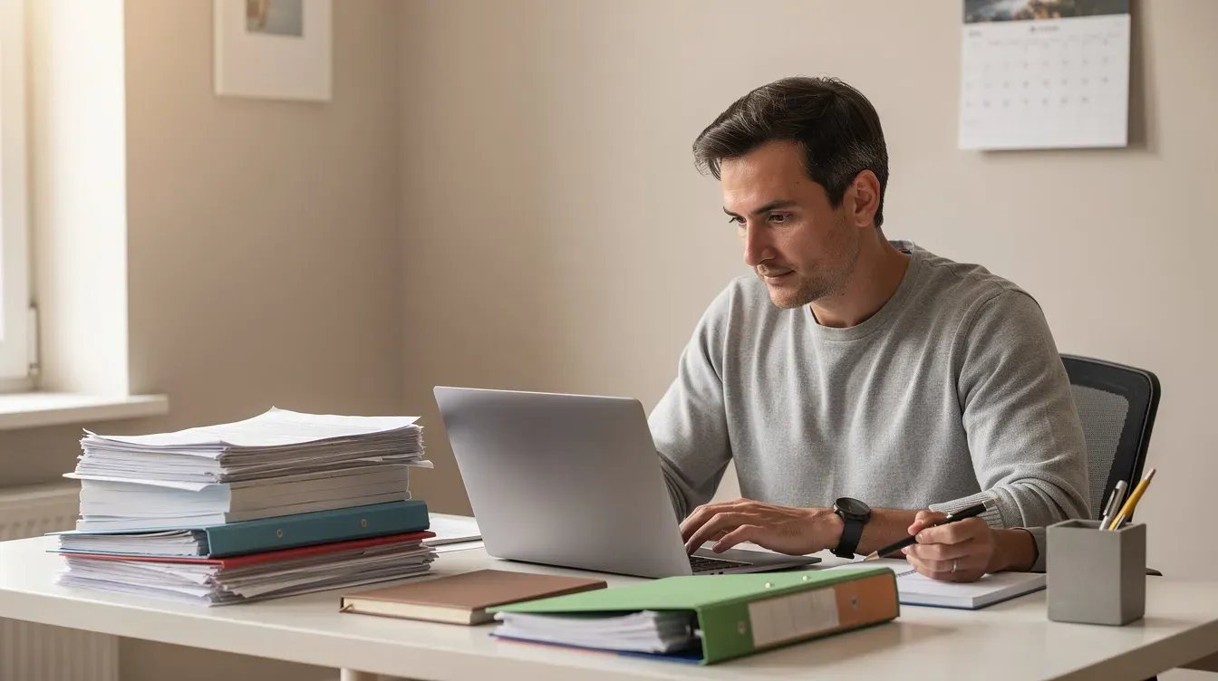 The image shows a focused individual sitting at a desk, surrounded by a laptop and neatly organized paperwork, reflecting a professional environment suitable for a community interest company. The person's demeanor suggests they are engaged in tasks related to business plans or preparing an annual community interest report.