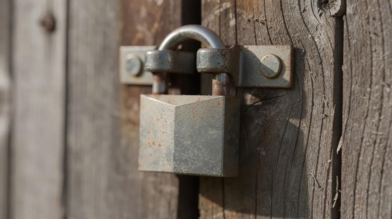 The image depicts a sturdy padlock secured on a rustic wooden gate, symbolizing asset protection and security for community interest companies. This visual representation highlights the importance of safeguarding a company's assets and ensuring compliance with community interest regulations.