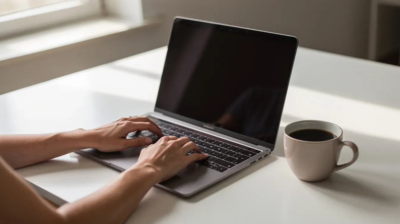 The image shows a pair of hands typing on a laptop keyboard, accompanied by a cup of coffee on a clean desk. This scene suggests a focused environment, possibly for a self-employed person working on their self assessment tax return or managing their sole trader business finances.