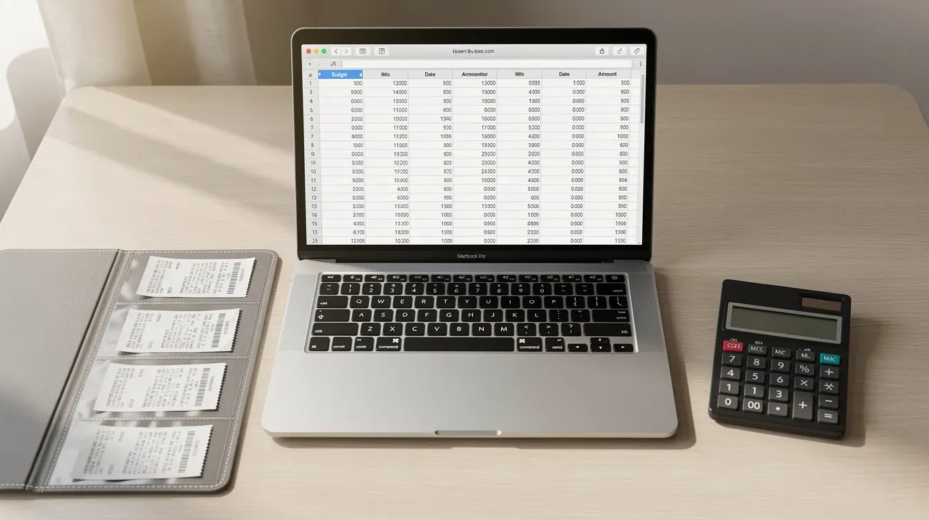 The image depicts an organized desk featuring a calculator, a folder filled with receipts, and a laptop displaying a spreadsheet, suggesting a workspace focused on managing finances for a sole trader business. This setup highlights the importance of maintaining accurate records for self assessment tax returns and other financial responsibilities.