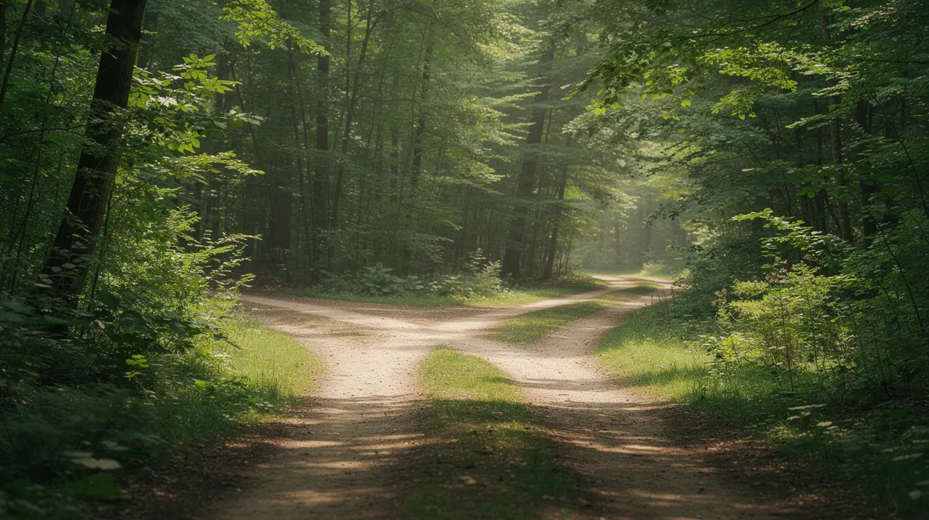 The image depicts two diverging paths in a lush green forest, representing a choice between two directions. This symbolizes the decisions faced by self-employed individuals, such as whether to register as a sole trader or explore other business structures, each with its own implications for tax returns and financial responsibilities.