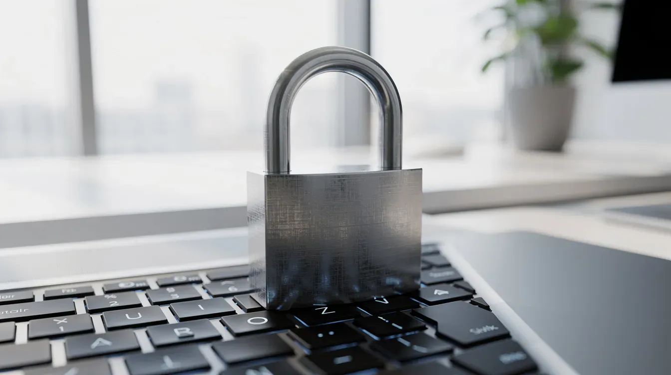 The image features a padlock placed on a laptop keyboard, symbolizing security and protection in a bright office environment. This visual represents the importance of safeguarding company details and authentication codes when filing documents online, such as through the Companies House webfiling service.