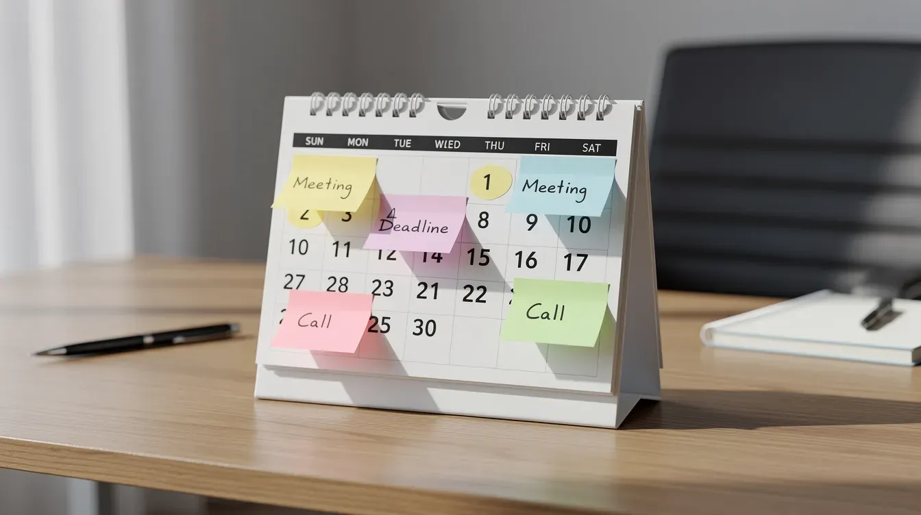 The image features a desk calendar with colorful sticky notes highlighting important dates, which may include reminders for company filings, deadlines, or meetings related to a company's registered office address. The vibrant notes suggest a busy schedule, possibly indicating the need to manage company details and secure authentication codes for online filing with Companies House.