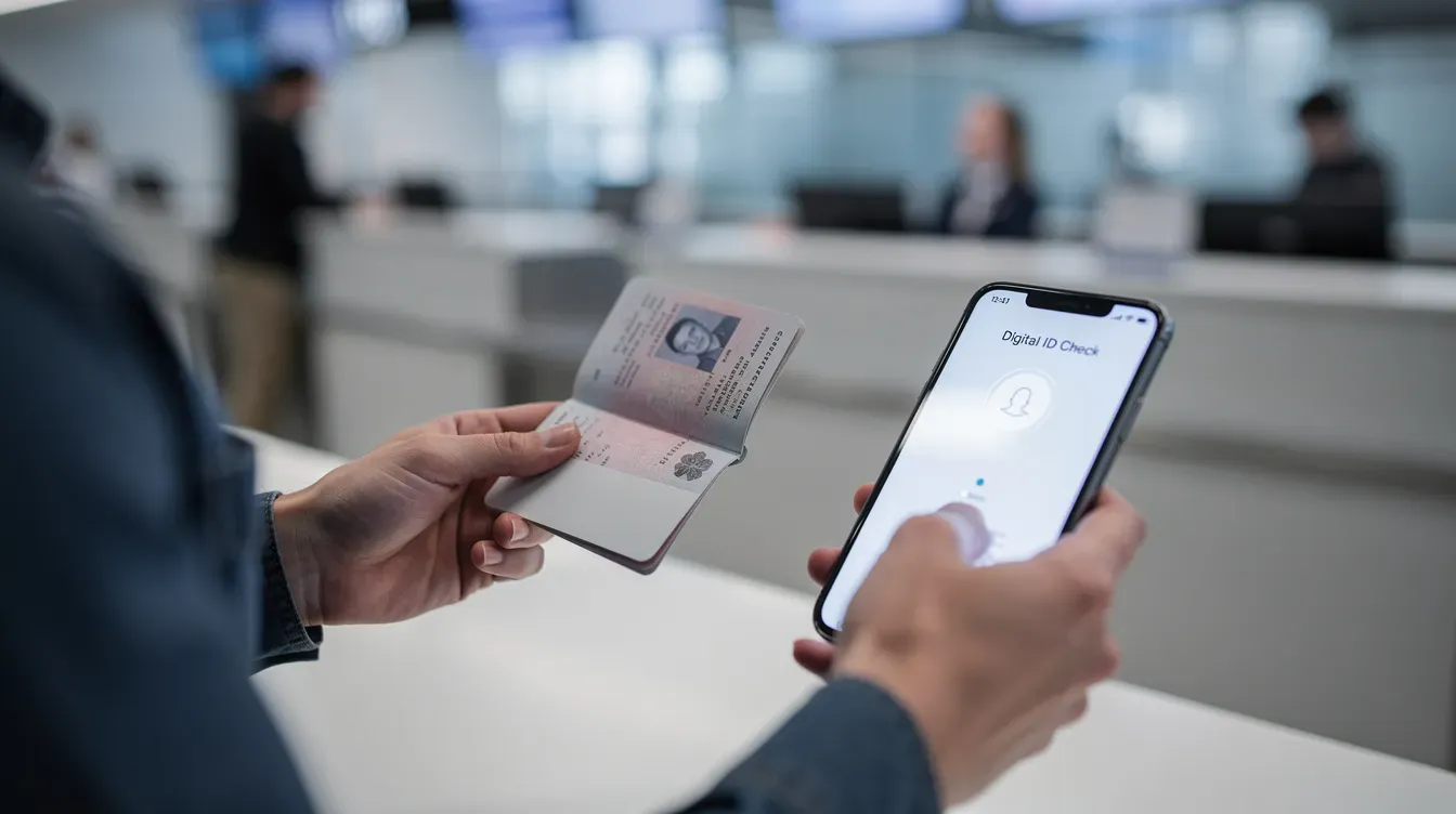 The image depicts a person holding a passport in one hand and a smartphone in the other, symbolizing the process of identity verification for digital services. This scene reflects the importance of secure online services and compliance with UK company law for businesses and individuals.