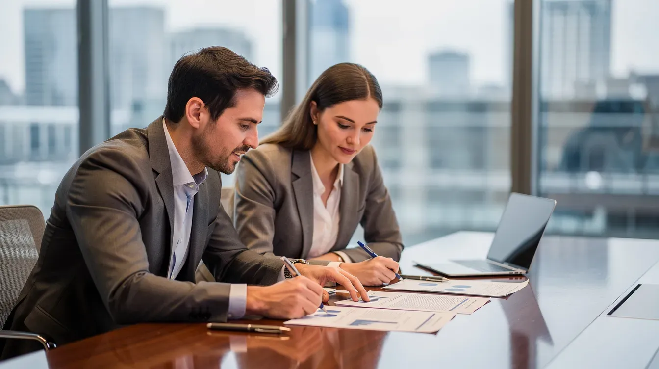 The image shows two business professionals engaged in a discussion while reviewing paperwork at a conference table, likely related to companies house forms and corporate director appointments. They appear focused on the documents, possibly discussing important details such as director's details change or company records.