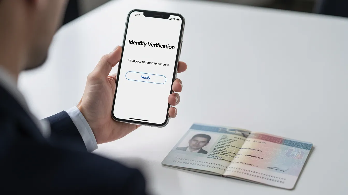 A person is holding a smartphone up to a passport, with the phone screen displaying a verification prompt for identity verification. This image illustrates the process of verifying identity online, which is essential for compliance with companies house identity verification requirements.