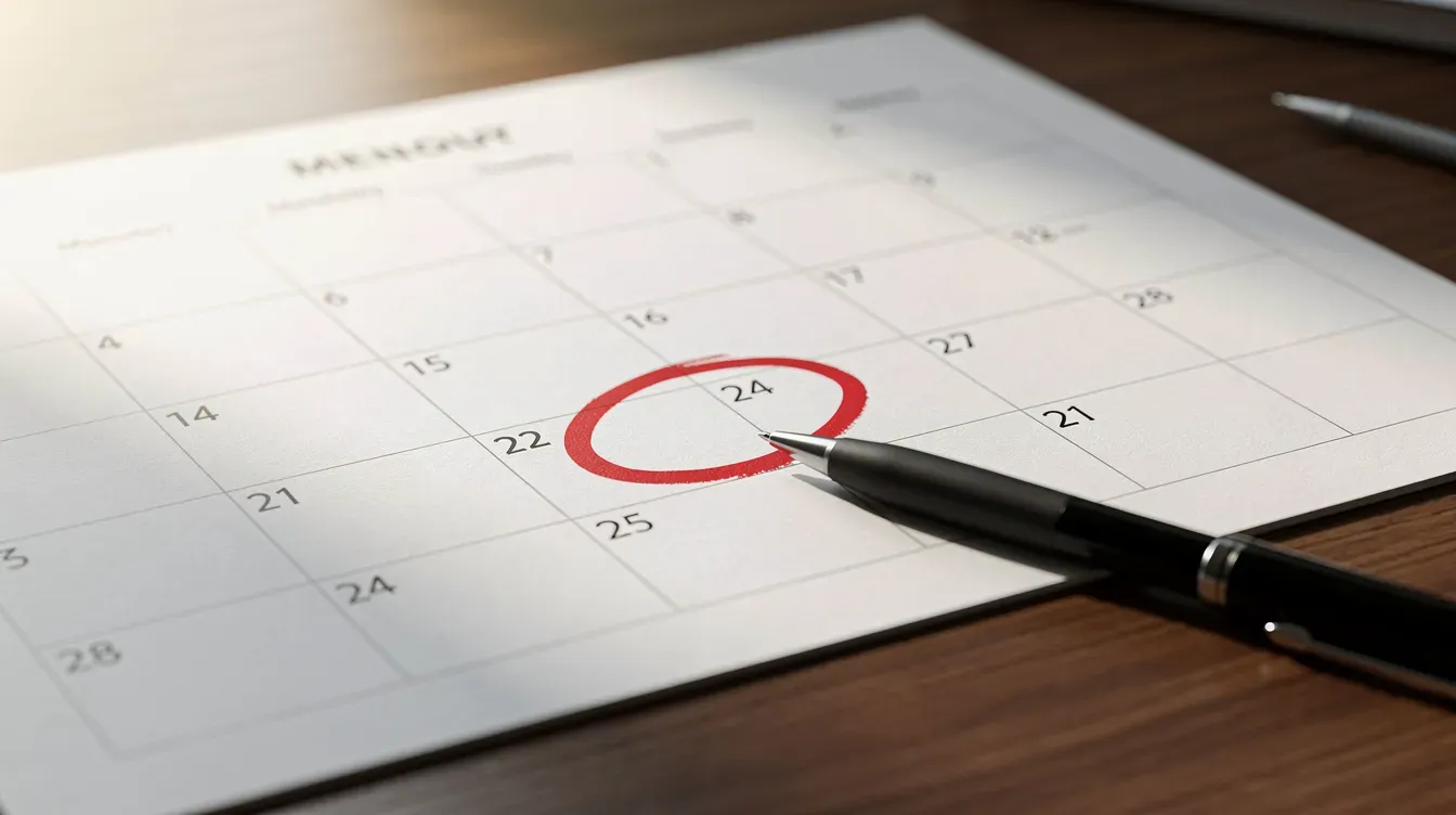 The image depicts a desk with a calendar featuring a date circled in red, indicating an important deadline, accompanied by a pen resting beside it. This visual may relate to the identity verification process for companies house, highlighting the need for timely actions related to company directors and their confirmation statements.